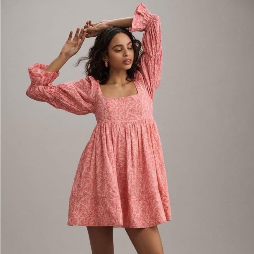 Women's Anthropologie Pink/Rose Floral Spring Elastic Babydoll Dress